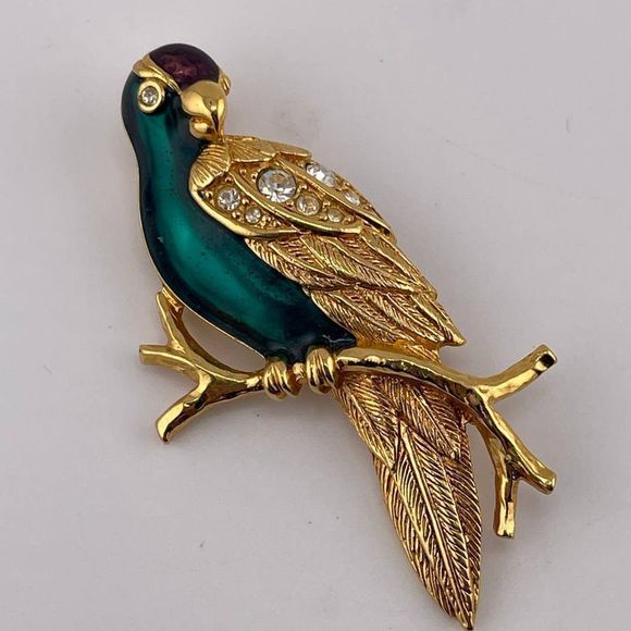 VTG Avon Parrot Bird Brooch Pin Gold‎ Tone Enamel Rhinestones Teal Green Blue - Picture 2 of 6